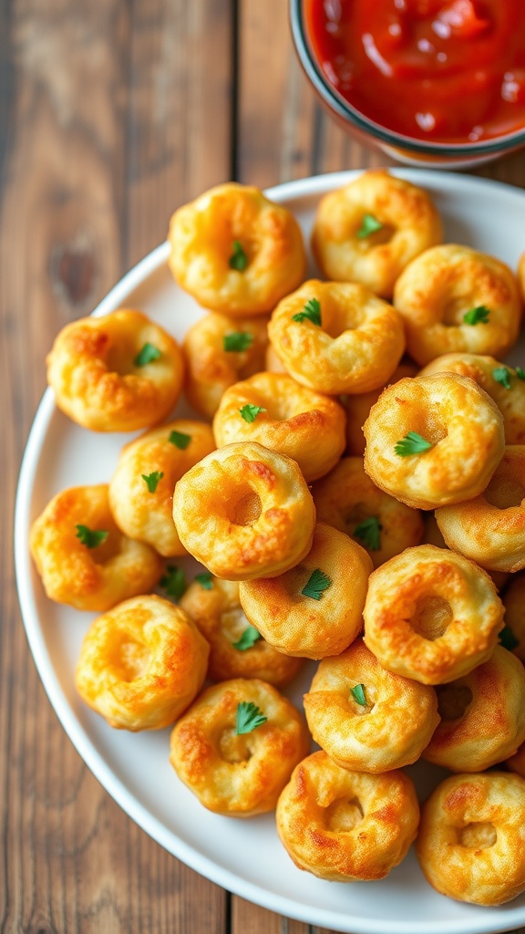 Crispy Snack Eye Bites on a plate with parsley garnish and marinara sauce for dipping.